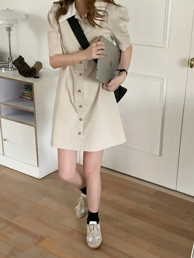 [Korean Style] Contrast Collared Mini Shirt Dress w/ Puff Sleeves