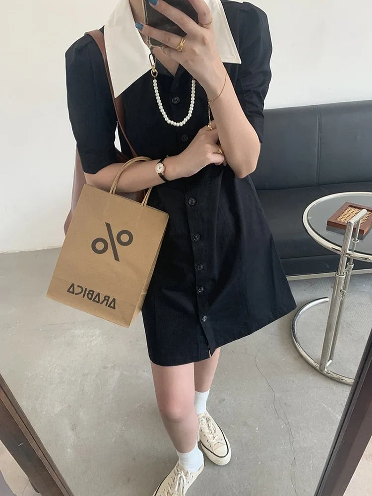 [Korean Style] Contrast Collared Mini Shirt Dress w/ Puff Sleeves