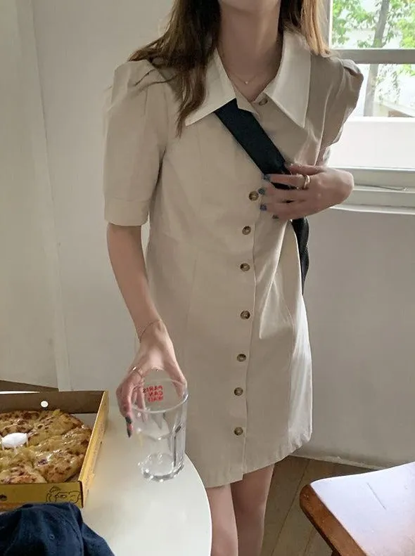 [Korean Style] Contrast Collared Mini Shirt Dress w/ Puff Sleeves