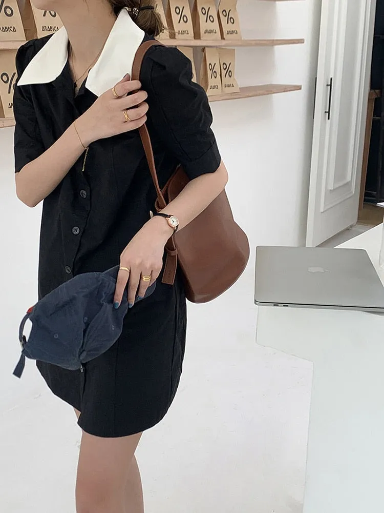 [Korean Style] Contrast Collared Mini Shirt Dress w/ Puff Sleeves