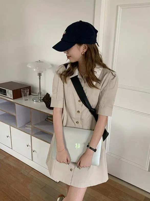 [Korean Style] Contrast Collared Mini Shirt Dress w/ Puff Sleeves