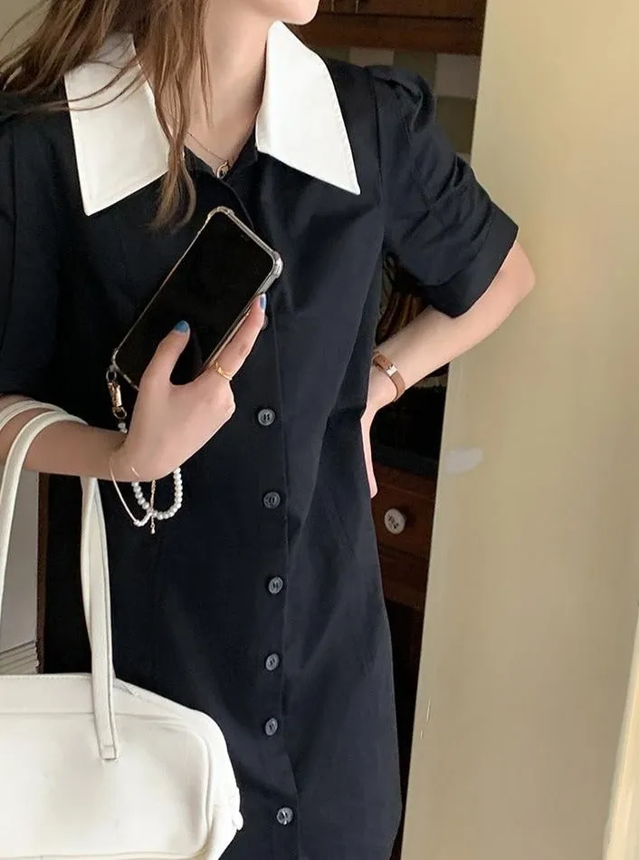 [Korean Style] Contrast Collared Mini Shirt Dress w/ Puff Sleeves