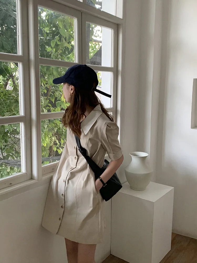 [Korean Style] Contrast Collared Mini Shirt Dress w/ Puff Sleeves