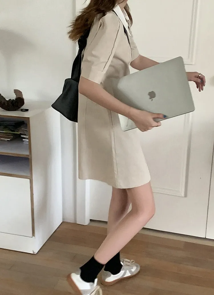 [Korean Style] Contrast Collared Mini Shirt Dress w/ Puff Sleeves