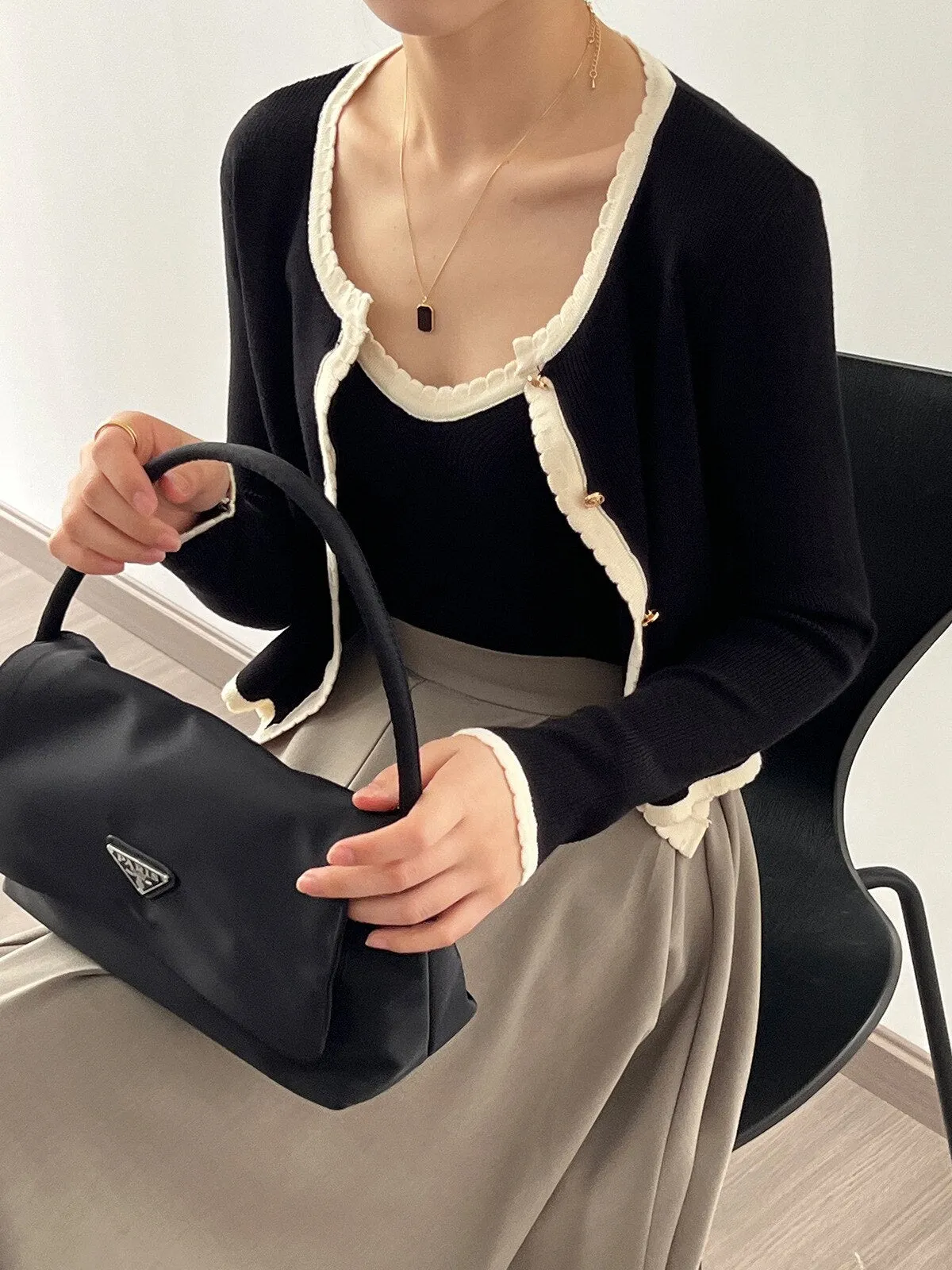 [Korean Style] Contrast Color Cami Cardigan Co-ord 2 pc Set