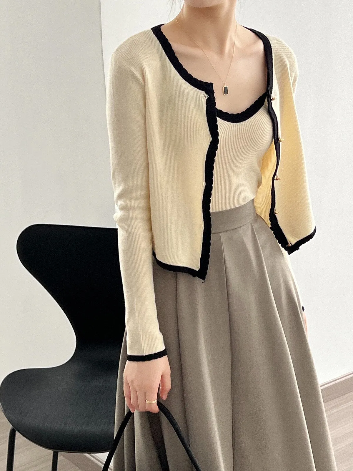 [Korean Style] Contrast Color Cami Cardigan Co-ord 2 pc Set