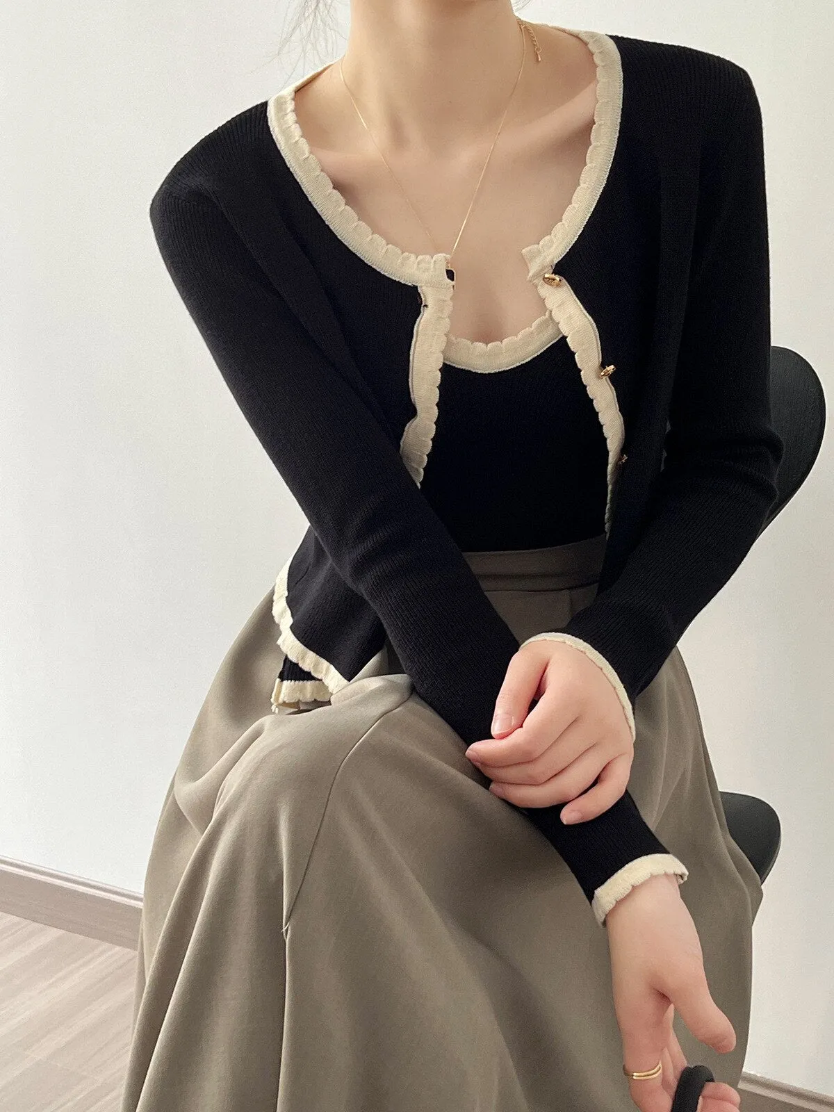 [Korean Style] Contrast Color Cami Cardigan Co-ord 2 pc Set