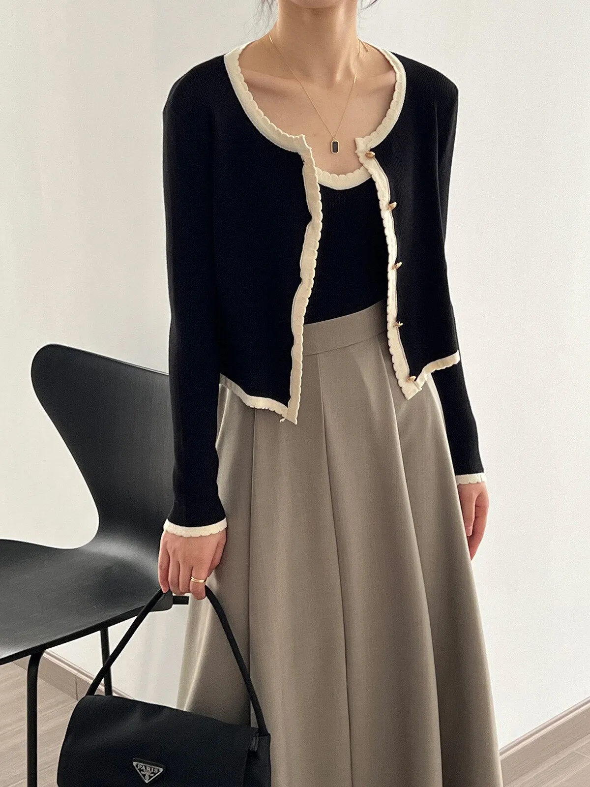 [Korean Style] Contrast Color Cami Cardigan Co-ord 2 pc Set