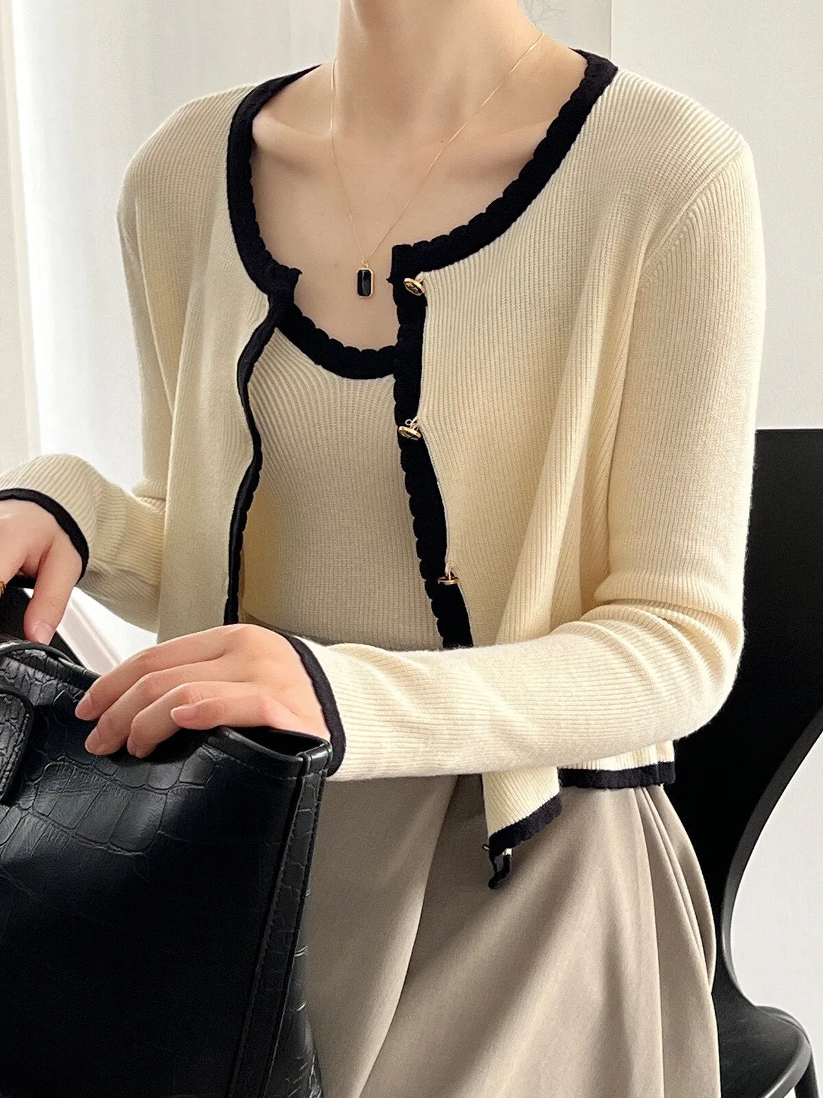 [Korean Style] Contrast Color Cami Cardigan Co-ord 2 pc Set