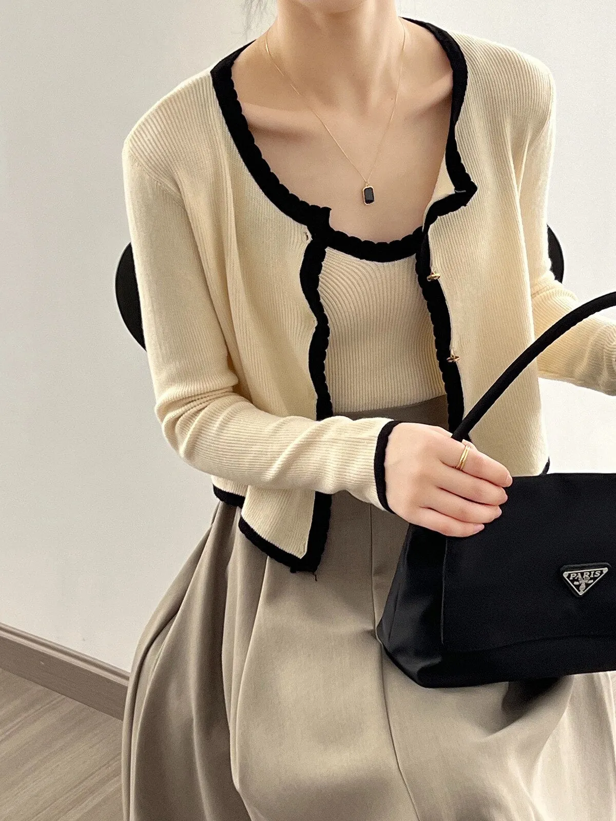 [Korean Style] Contrast Color Cami Cardigan Co-ord 2 pc Set