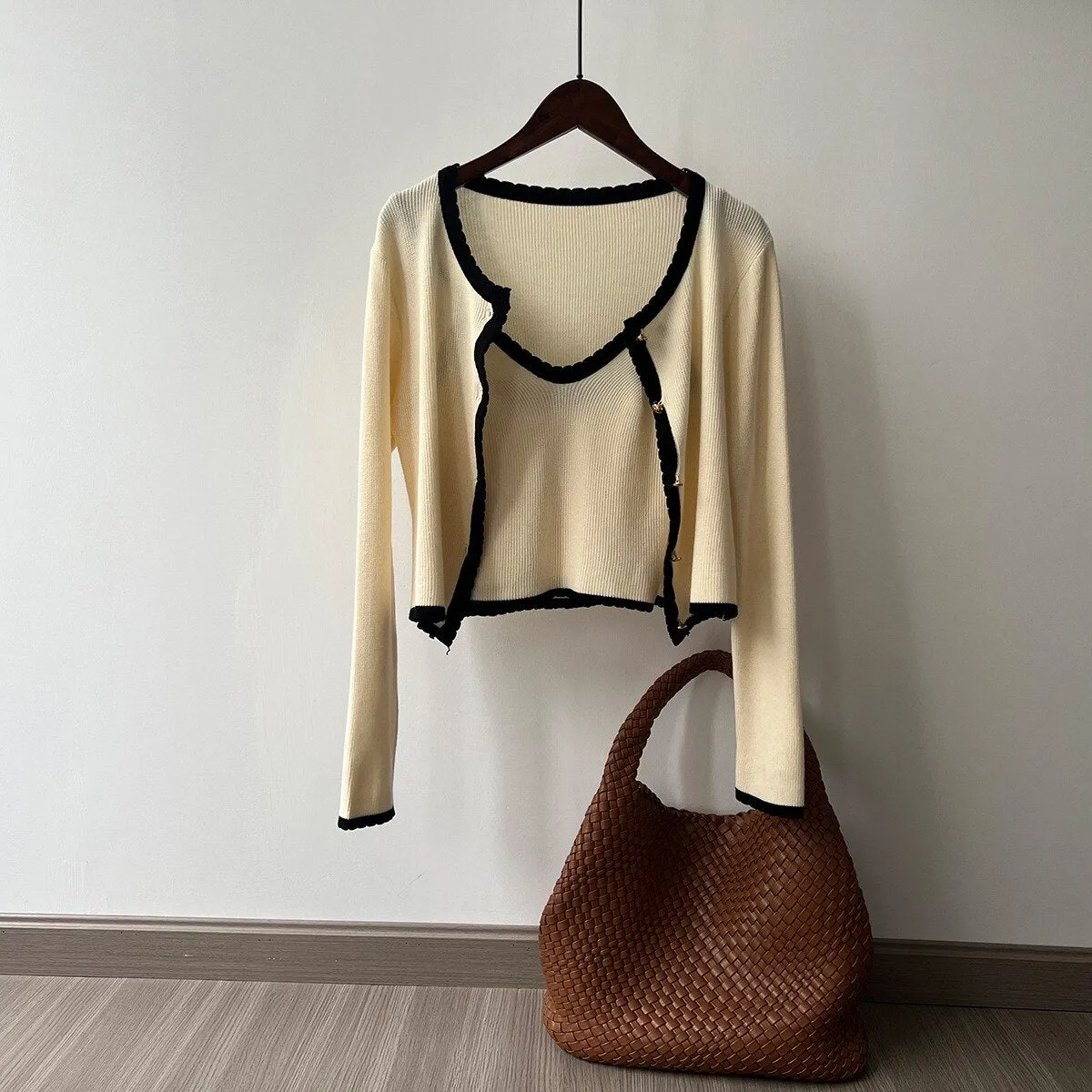 [Korean Style] Contrast Color Cami Cardigan Co-ord 2 pc Set