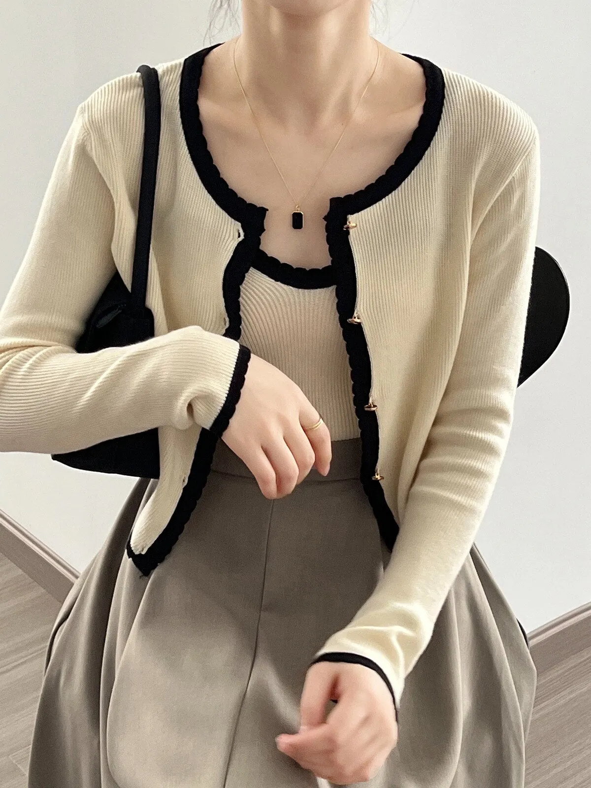 [Korean Style] Contrast Color Cami Cardigan Co-ord 2 pc Set