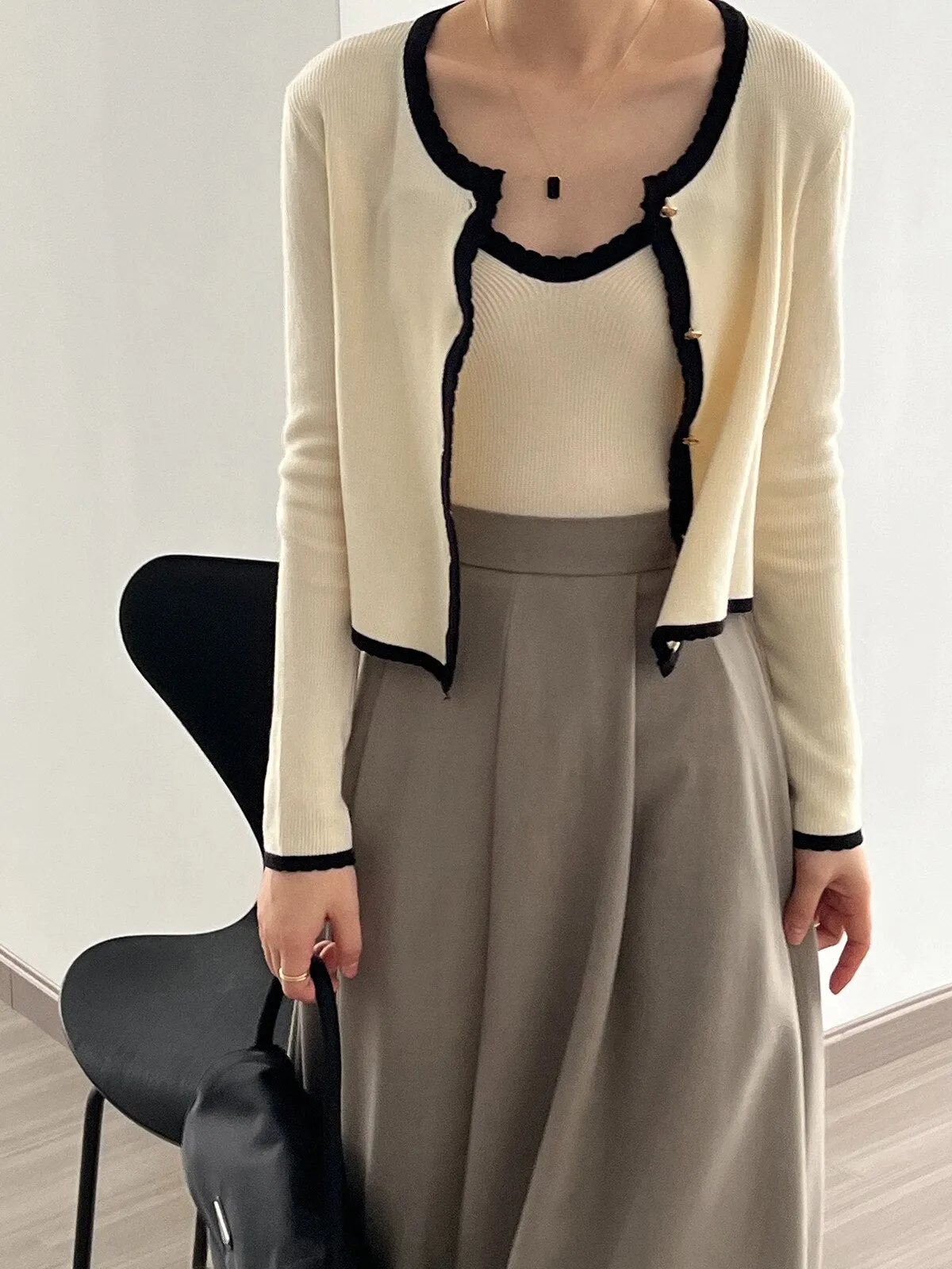 [Korean Style] Contrast Color Cami Cardigan Co-ord 2 pc Set