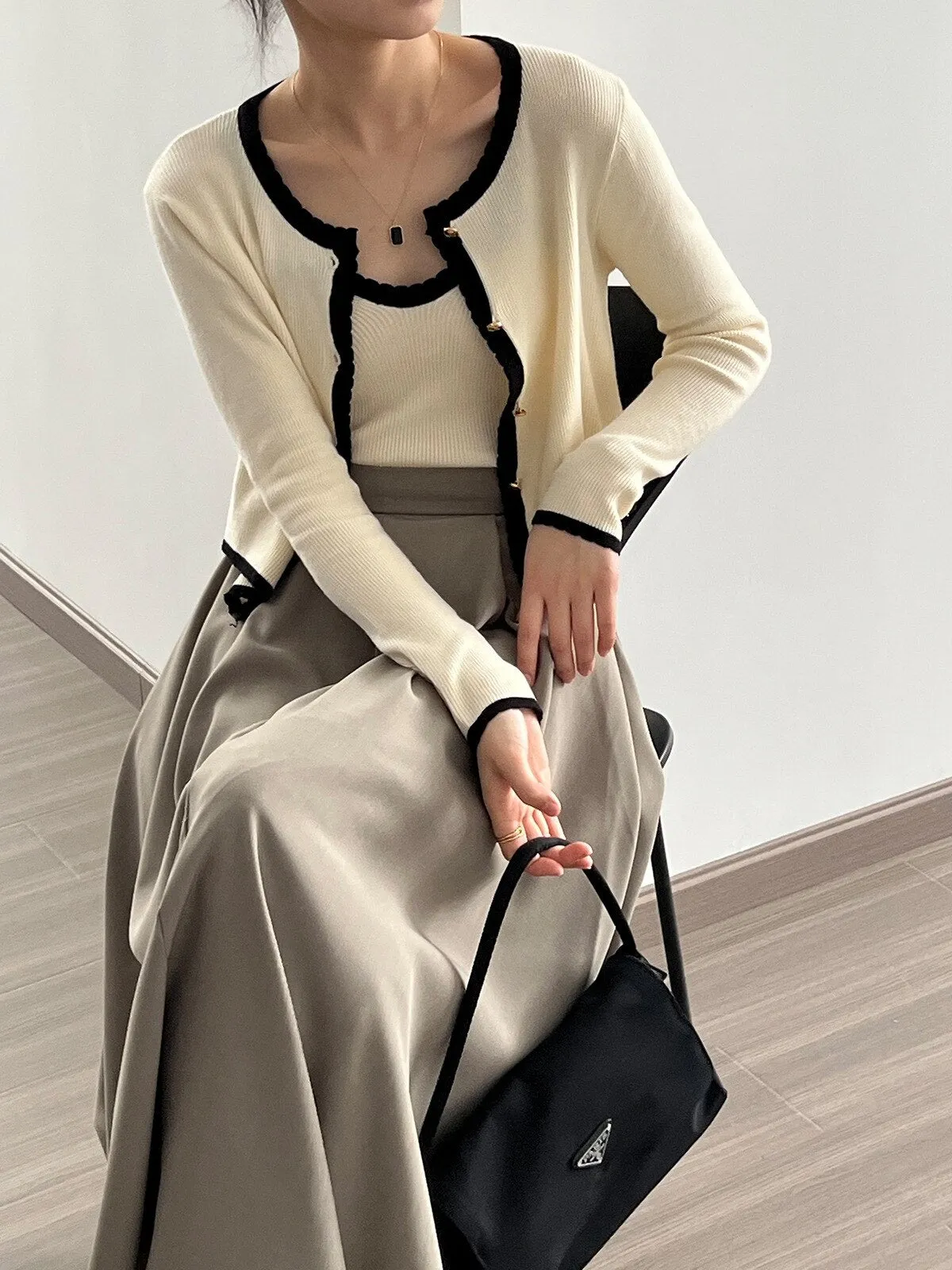 [Korean Style] Contrast Color Cami Cardigan Co-ord 2 pc Set