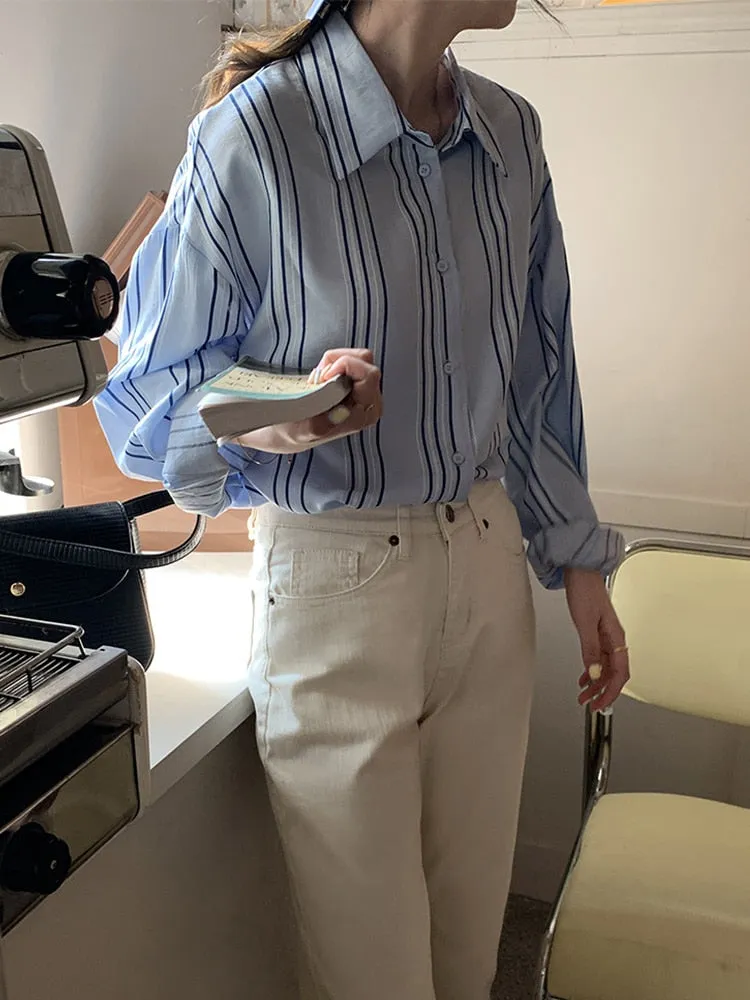 [Korean Style] Dropped Shoulder Loose Fit Striped Shirt
