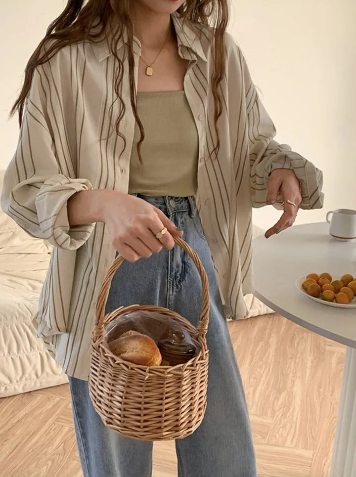 [Korean Style] Dropped Shoulder Loose Fit Striped Shirt