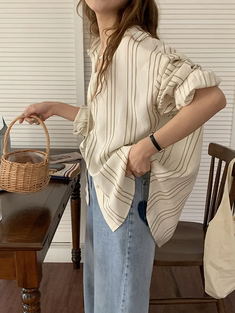 [Korean Style] Dropped Shoulder Loose Fit Striped Shirt