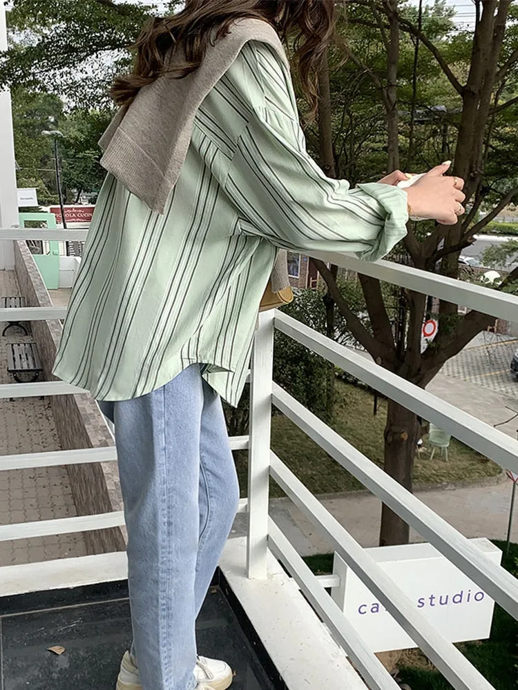 [Korean Style] Dropped Shoulder Loose Fit Striped Shirt