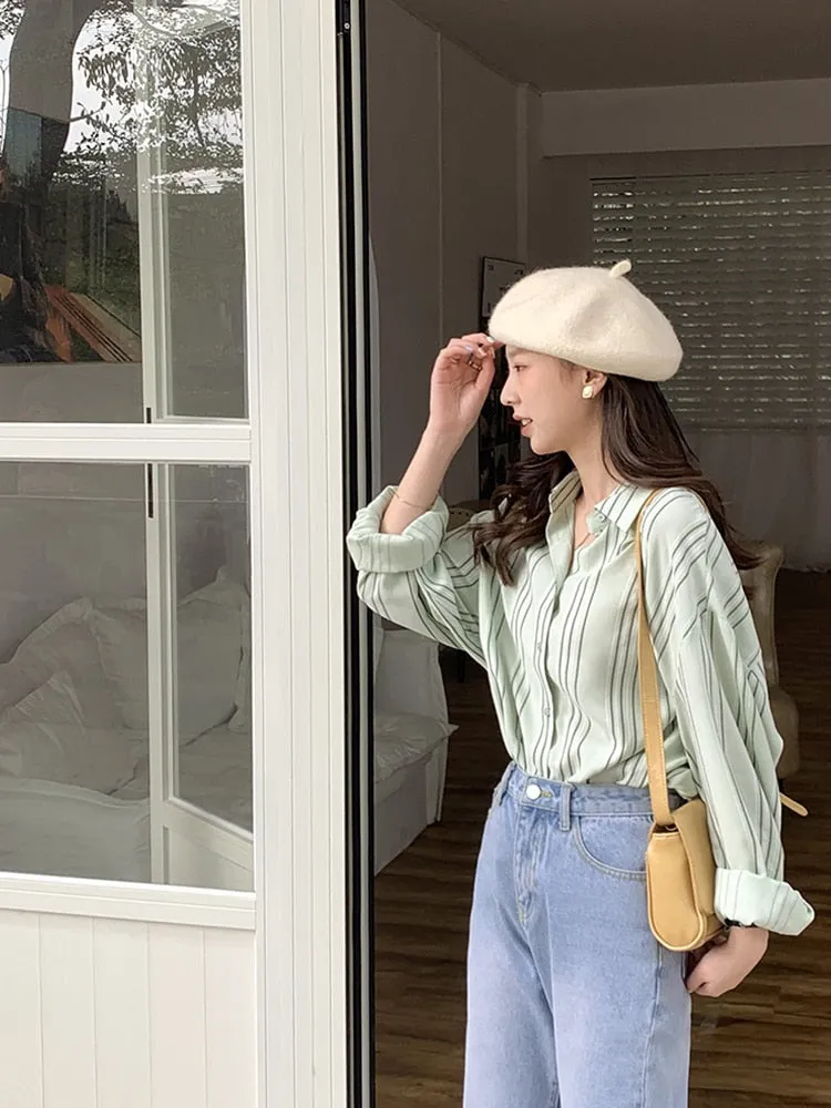 [Korean Style] Dropped Shoulder Loose Fit Striped Shirt