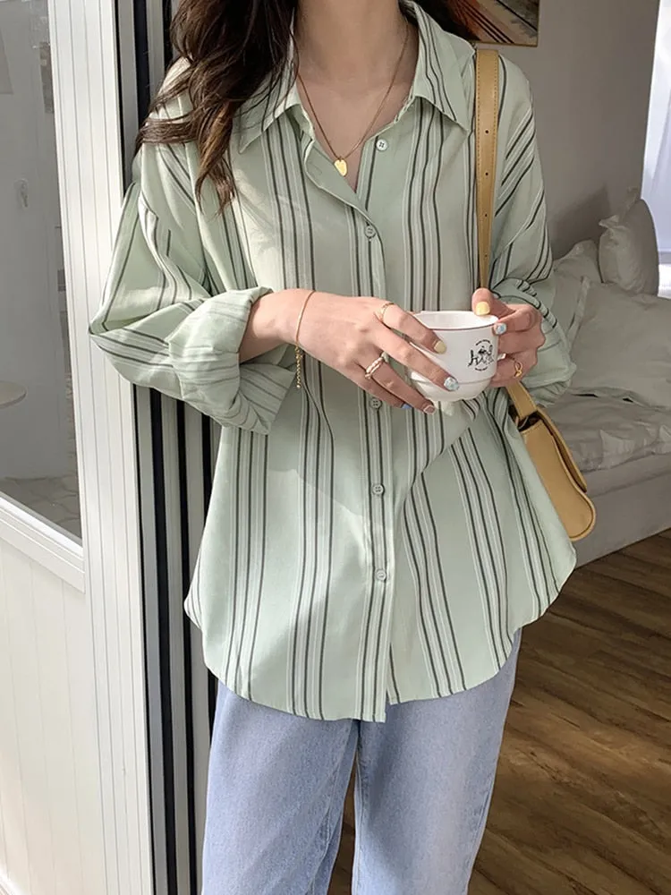 [Korean Style] Dropped Shoulder Loose Fit Striped Shirt