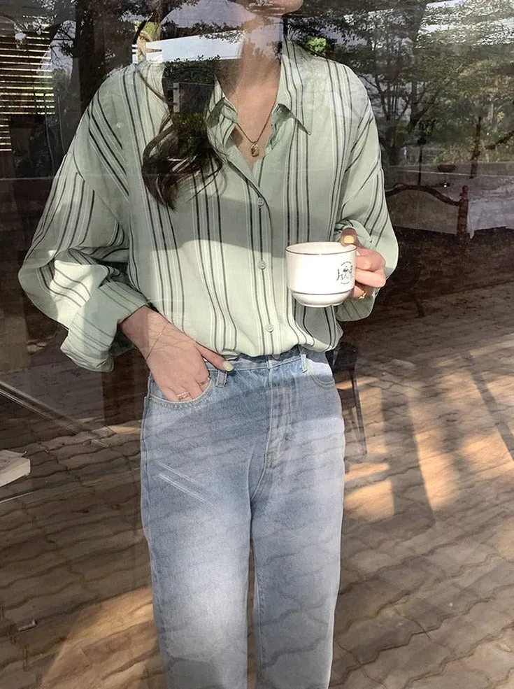 [Korean Style] Dropped Shoulder Loose Fit Striped Shirt