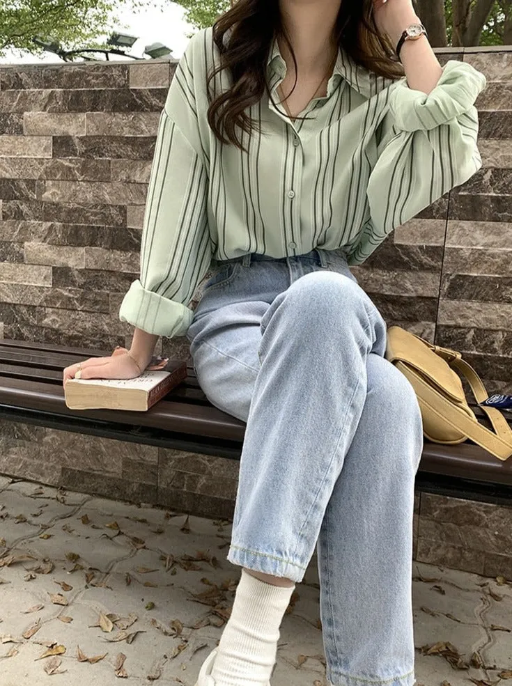 [Korean Style] Dropped Shoulder Loose Fit Striped Shirt