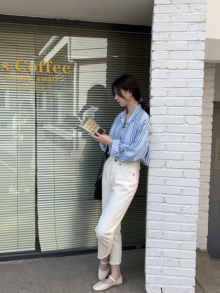 [Korean Style] Dropped Shoulder Loose Fit Striped Shirt