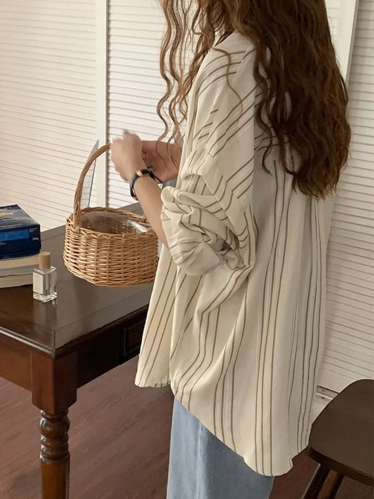 [Korean Style] Dropped Shoulder Loose Fit Striped Shirt