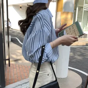[Korean Style] Dropped Shoulder Loose Fit Striped Shirt