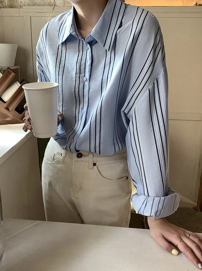 [Korean Style] Dropped Shoulder Loose Fit Striped Shirt