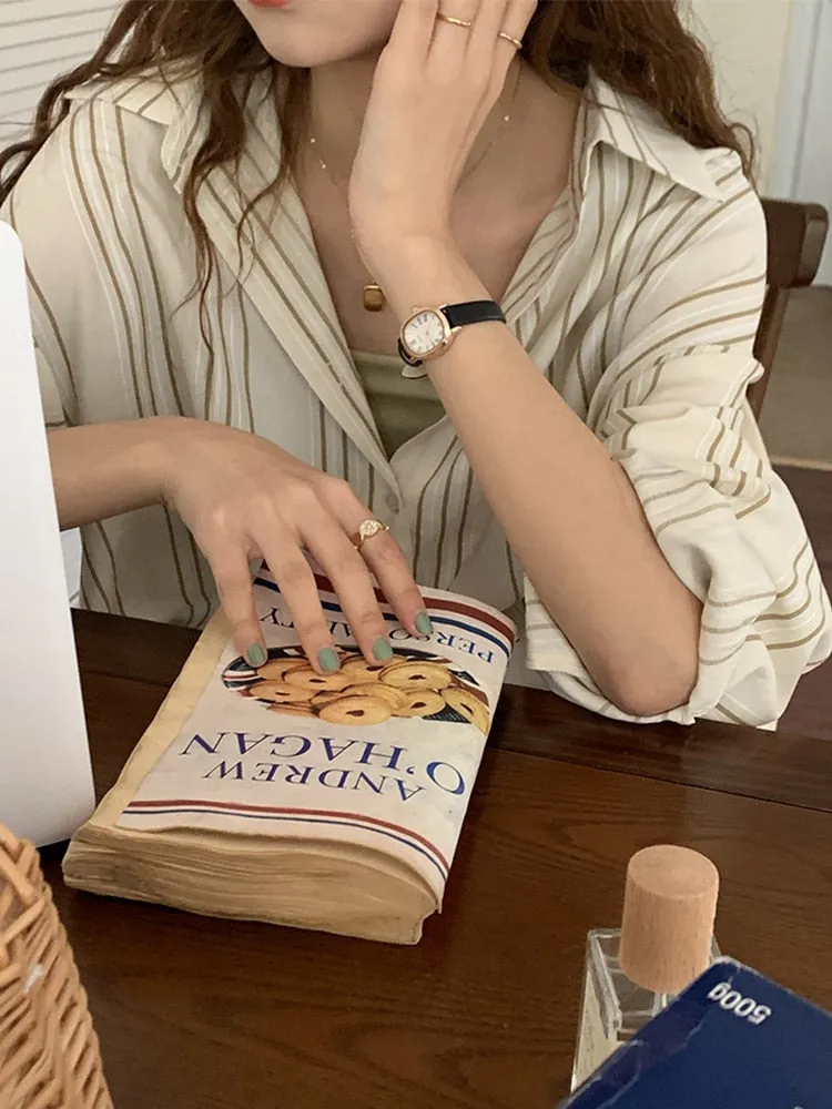 [Korean Style] Dropped Shoulder Loose Fit Striped Shirt