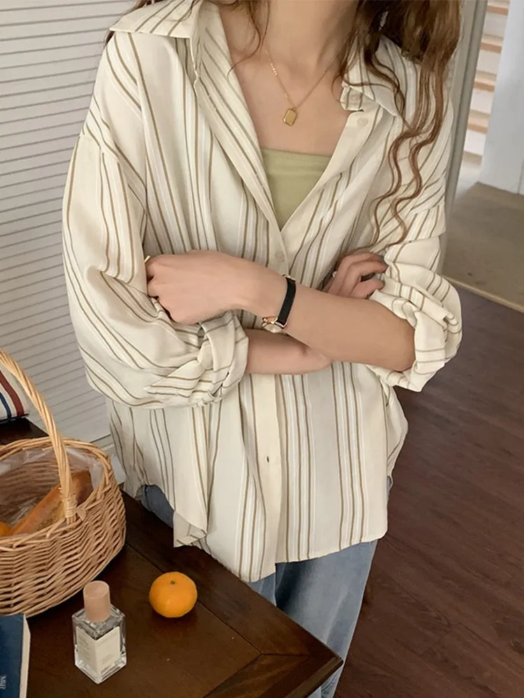 [Korean Style] Dropped Shoulder Loose Fit Striped Shirt