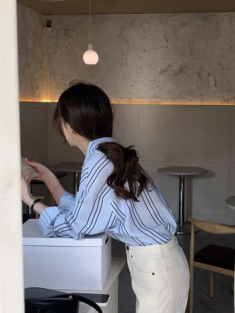 [Korean Style] Dropped Shoulder Loose Fit Striped Shirt