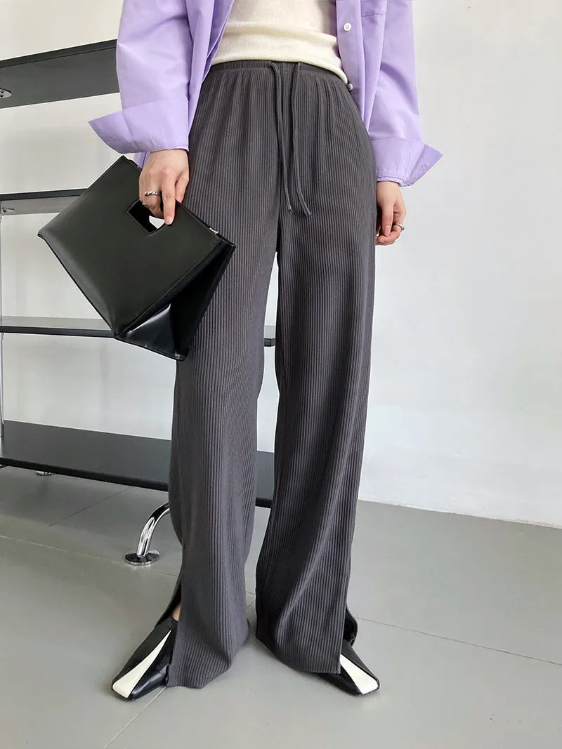 [Korean Style] Flattering Drawstring Cinched Waist Wide Leg Slit Pants w/ Pockets