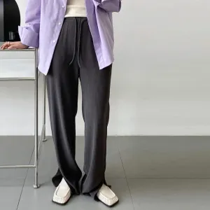 [Korean Style] Flattering Drawstring Cinched Waist Wide Leg Slit Pants w/ Pockets