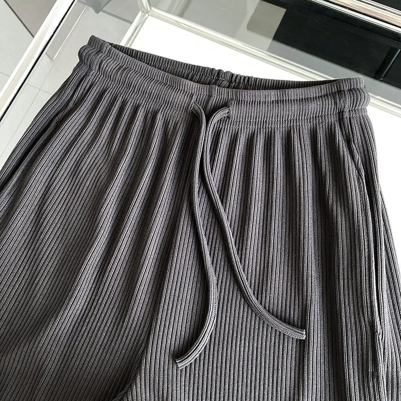 [Korean Style] Flattering Drawstring Cinched Waist Wide Leg Slit Pants w/ Pockets