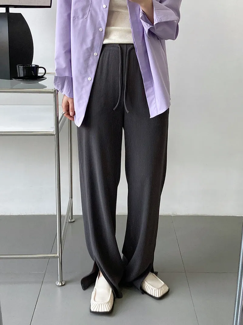 [Korean Style] Flattering Drawstring Cinched Waist Wide Leg Slit Pants w/ Pockets