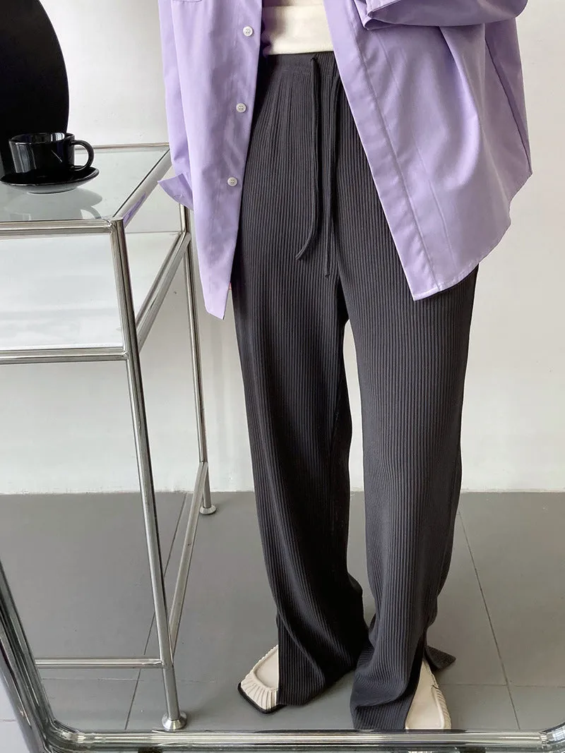 [Korean Style] Flattering Drawstring Cinched Waist Wide Leg Slit Pants w/ Pockets