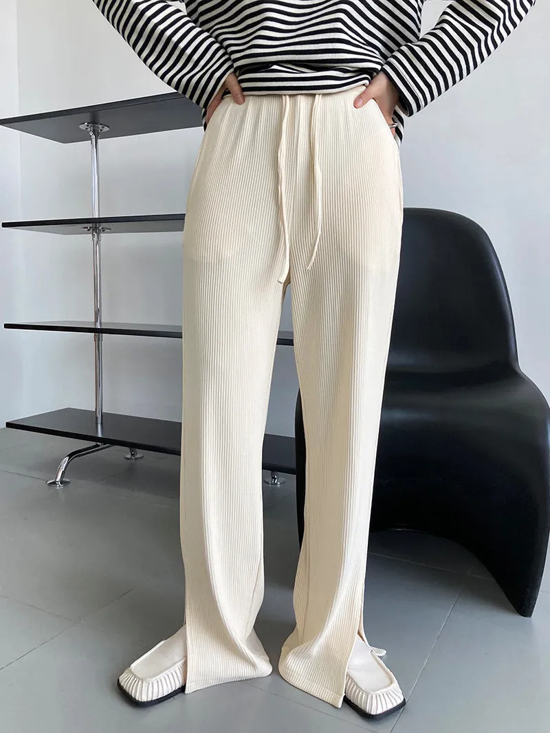 [Korean Style] Flattering Drawstring Cinched Waist Wide Leg Slit Pants w/ Pockets