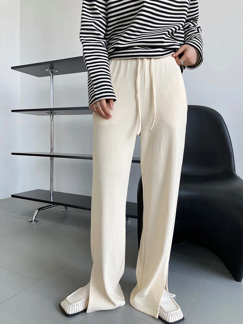 [Korean Style] Flattering Drawstring Cinched Waist Wide Leg Slit Pants w/ Pockets