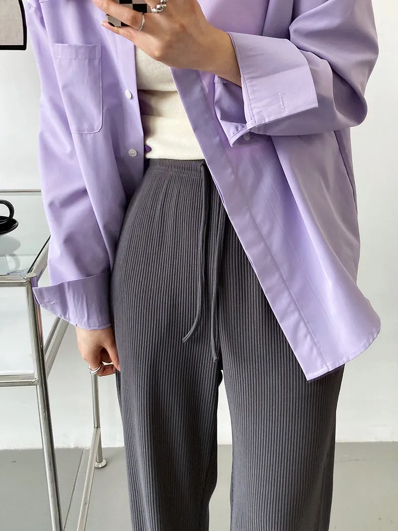 [Korean Style] Flattering Drawstring Cinched Waist Wide Leg Slit Pants w/ Pockets