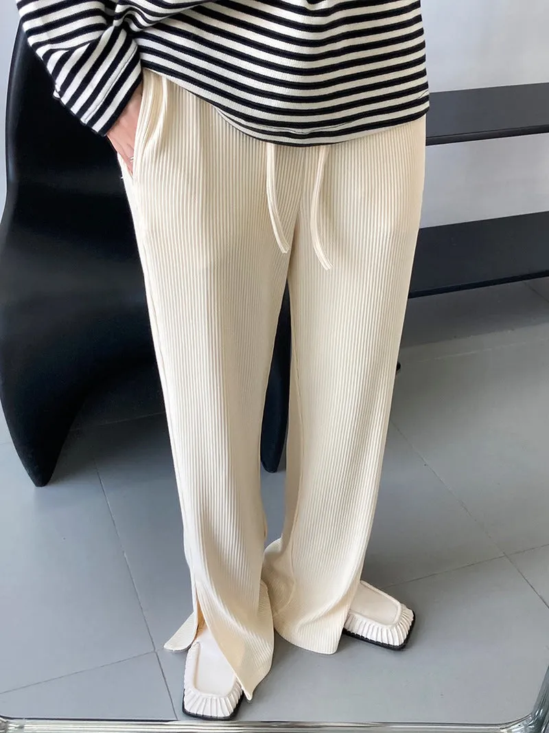 [Korean Style] Flattering Drawstring Cinched Waist Wide Leg Slit Pants w/ Pockets