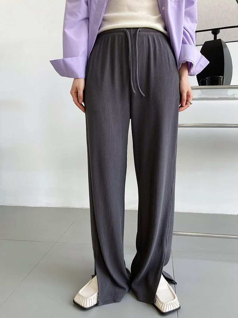 [Korean Style] Flattering Drawstring Cinched Waist Wide Leg Slit Pants w/ Pockets