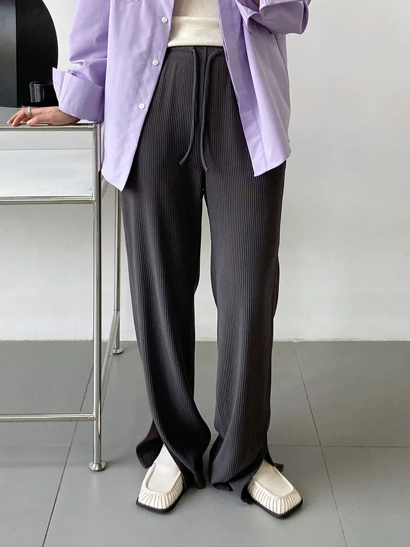 [Korean Style] Flattering Drawstring Cinched Waist Wide Leg Slit Pants w/ Pockets
