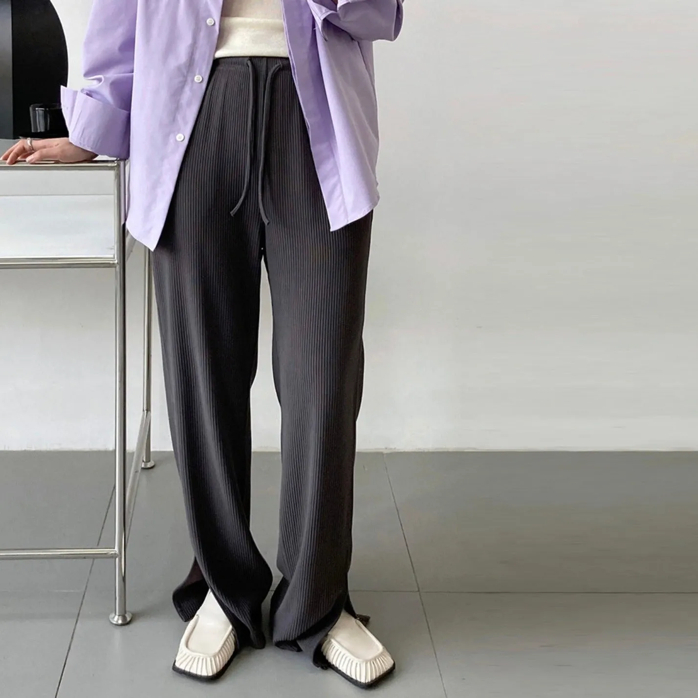 [Korean Style] Flattering Drawstring Cinched Waist Wide Leg Slit Pants w/ Pockets