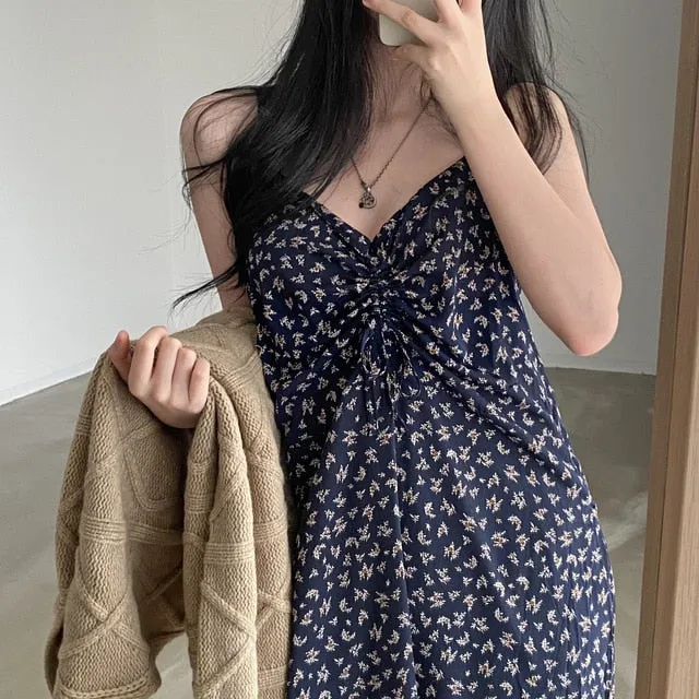 [Korean Style] Floral Print Drawstring Cami Maxi Dress