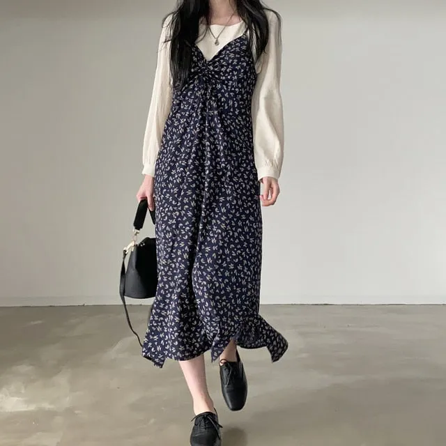 [Korean Style] Floral Print Drawstring Cami Maxi Dress