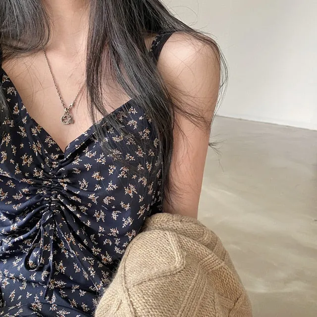 [Korean Style] Floral Print Drawstring Cami Maxi Dress