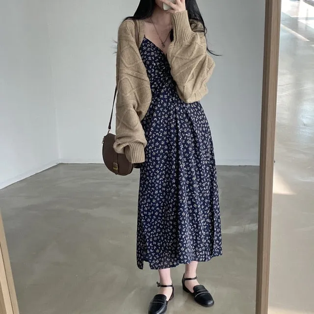 [Korean Style] Floral Print Drawstring Cami Maxi Dress