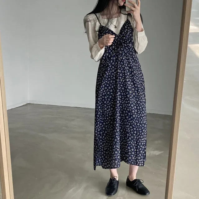 [Korean Style] Floral Print Drawstring Cami Maxi Dress